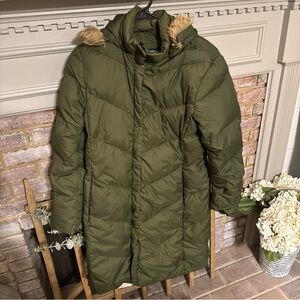 Lands' End Small Green Down Puffer Jacket with Faux Fur Hood